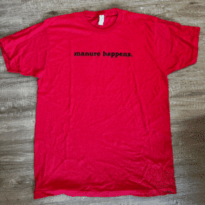 front of a red funny farm t shirt for sale